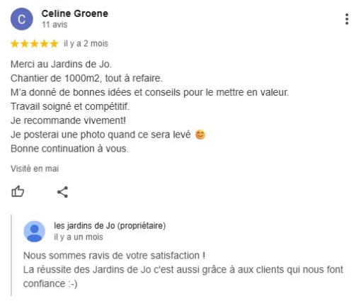 Voici les avis Google des clients sur Douai, Quarouble, Aix en Pévèle et Hergnies, Douai, Les Jardins de Jo