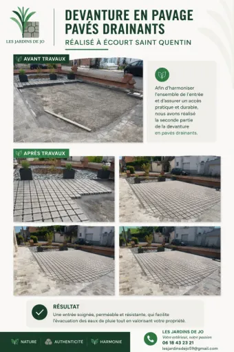 Deuxième partie d'un chantier à Écourt-Saint-Quentin, pose de pavés drainants, Douai, Les Jardins de Jo