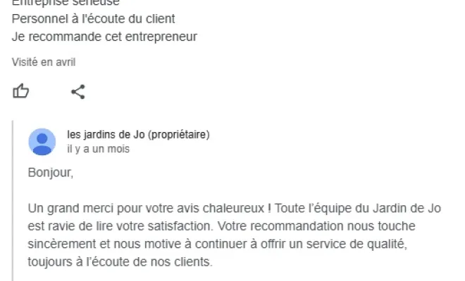 Voici les avis Google des clients sur Douai, Quarouble, Aix en Pévèle et Hergnies, Douai, Les Jardins de Jo